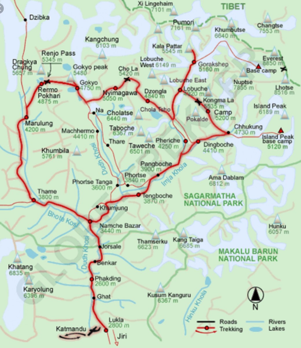 Sagarmatha (Everest) Three High Passes Trek Map